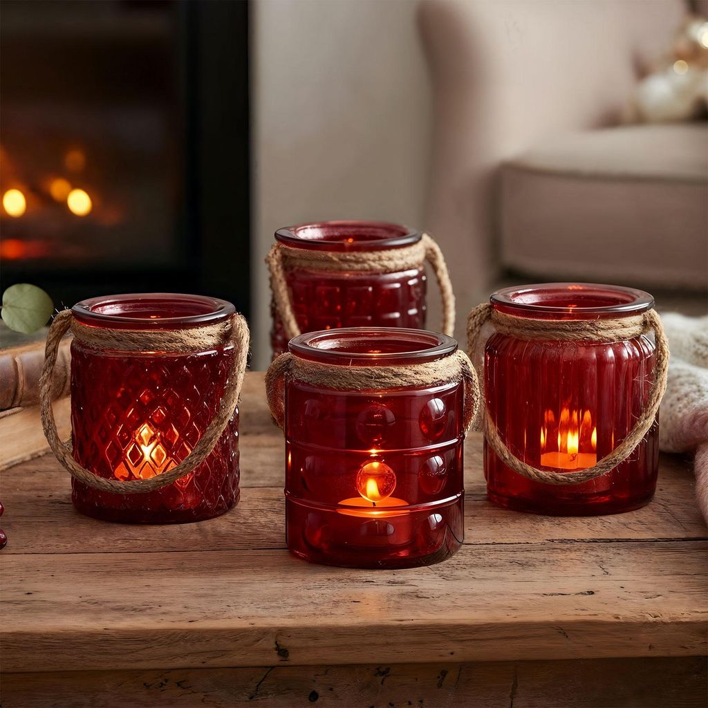 4er Set Windlicht H10cm Glas Bordeaux Rot Teelichthalter Produktbild 