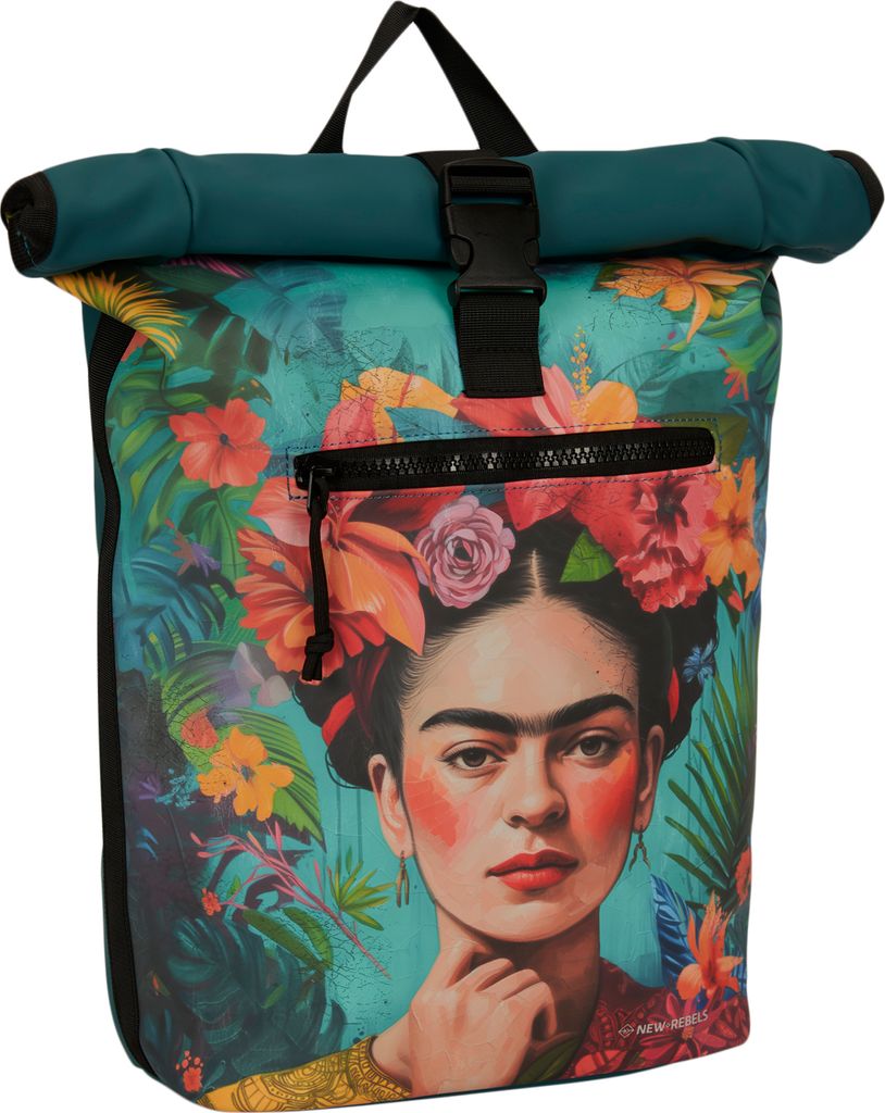 A rolltop rucksack with a vibrant floral print featuring a portrait of Frida Kahlo.