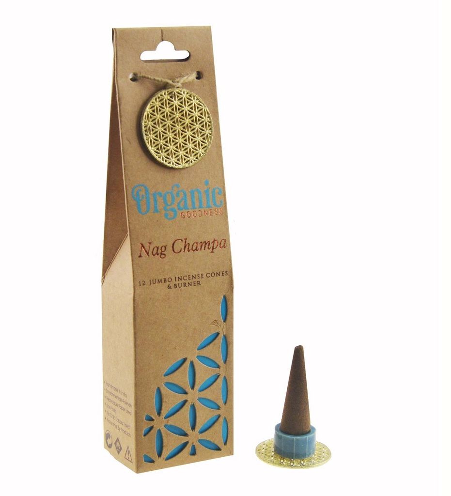 Organic Goodness Nag Champa wierookkegels + brander - Productafbeelding 