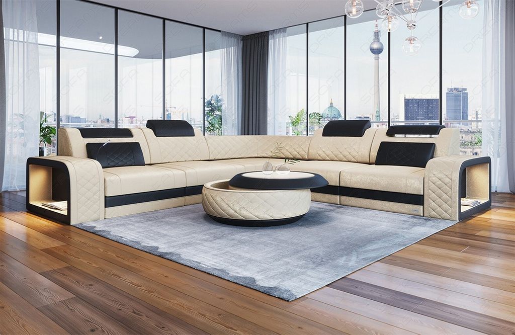 Stoffsofa Foggia L Form mit Licht USB Webstoff Strukturstoff