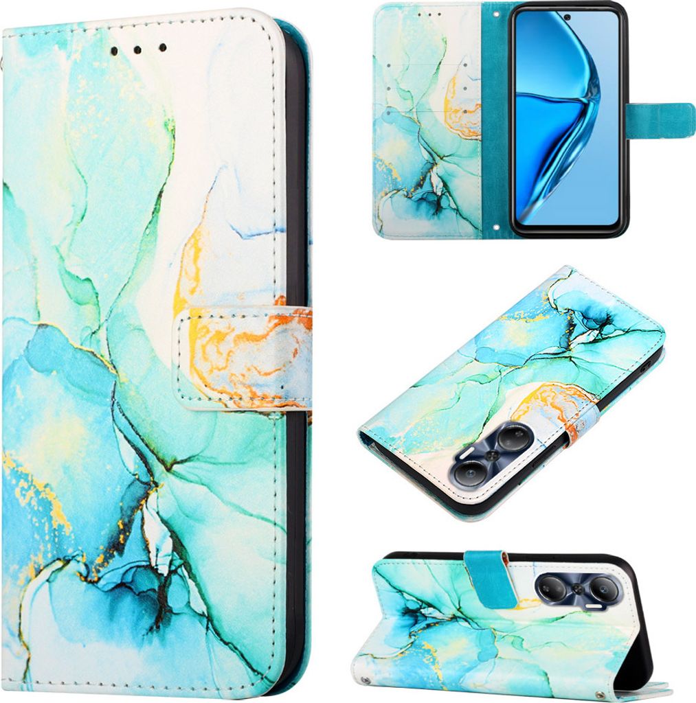 Infinix Hot 20 4G Hülle, Marmor Motiv Kunstleder Tasche Wallet Kartenfächer mit Standfunktion Klapp Schutzhülle für Infinix Hot 20 4G Türkis