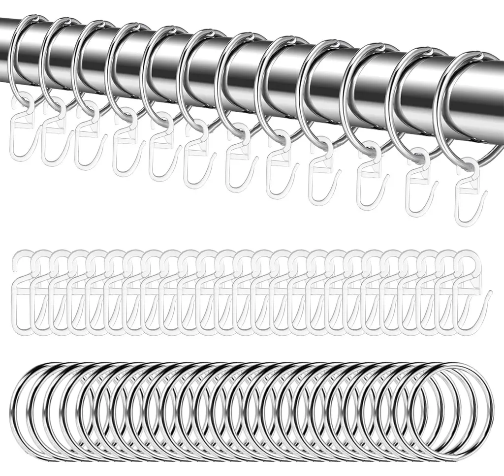 Anneaux Rideaux Métalliques avec Crochets Argent Ø30mm - Pack de 48 Pièces