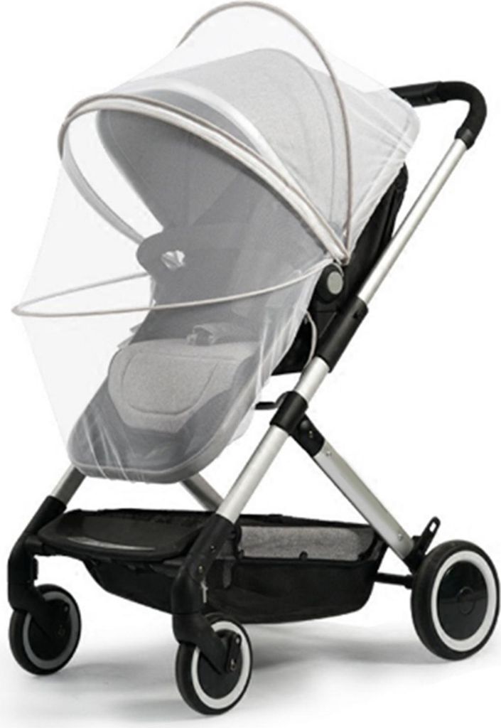 Kinderwagen-Abwehrnetz, Universal-Reißverschluss, faltbar, Netz, groß, grauer Rand, weiß