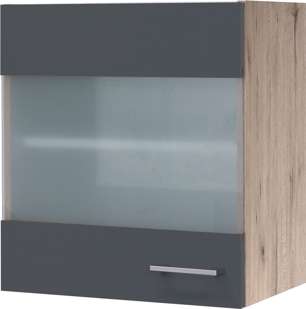 Glashängeschrank Küche - 50 cm breit - Milchglas, Basaltgrau Matt San Remo Eiche – Morena