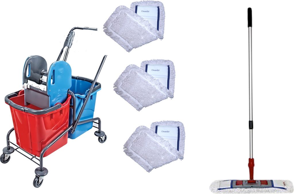 CleanSV Wischset 50 cm - Reinigungswagen lackiert / Putzwagen mit Presse, Mop Set: bestehend aus 3 Putzmop / Wischmop 50 cm , einem 50 cm Mophalter...