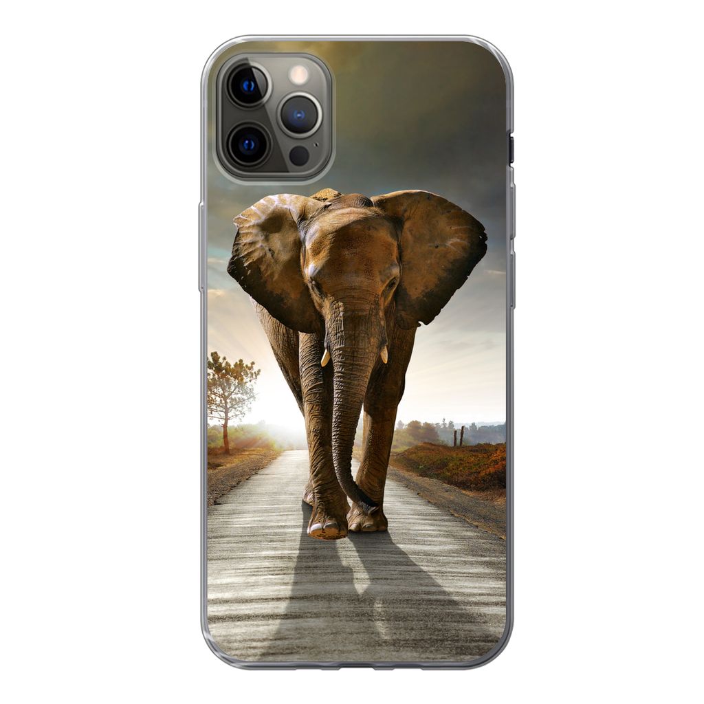 MuchoWow Handyhülle Schutzhülle Hülle für iPhone 13 Pro Max Elefant - Straße - Tiere - Sonnenuntergang - Landschaft Silikon Softcase Handy H...