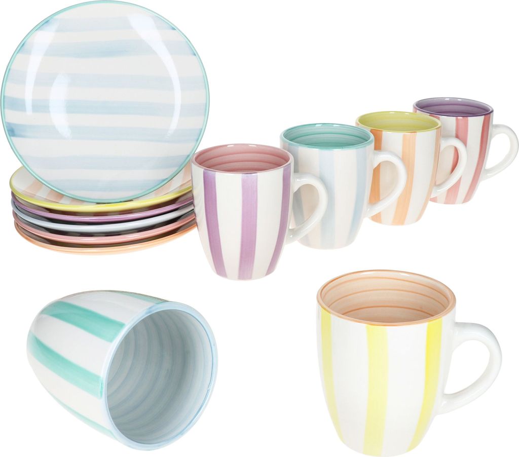 Beach Pastello Stripes 12tlg Frühstücksset Teller Becher Steingut Pastell