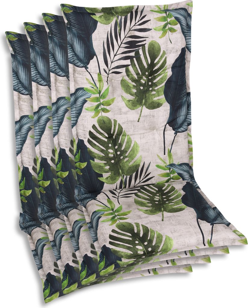 A stack of chair cushions with a tropical leaf pattern.