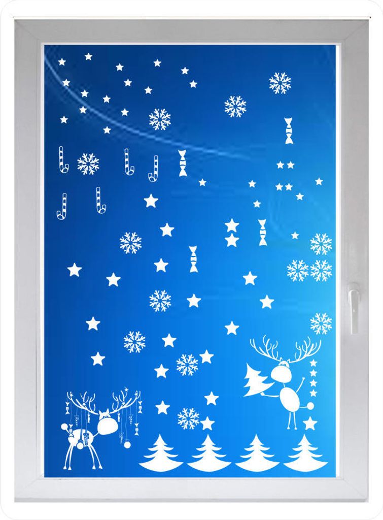 INDIGOS UG - Wohnzimmer Rentier Tannebäume Sterne - Farbe: weiss - 116x66 cm - Sichtschutzfolie - Fensterfolie - Glasdekorfolie - für die Küche,...