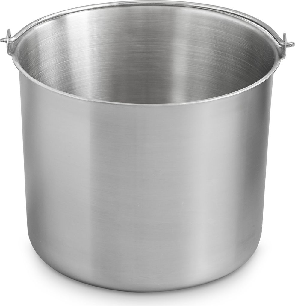 A stainless steel bucket with handles, shown from a slightly elevated front-side angle against a white background.