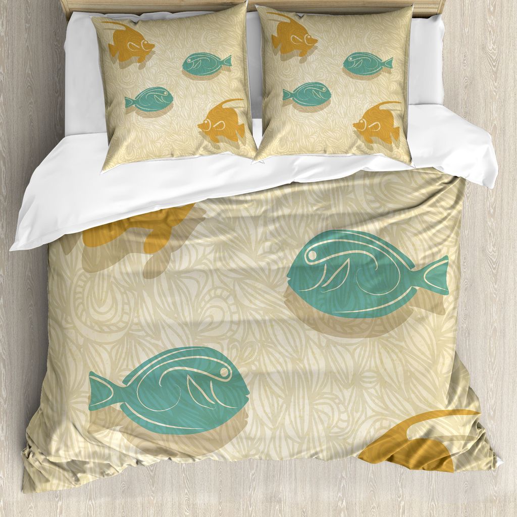 ABAKUHAUS Fisch Bettbezugs Set Für Doppelbetten, Aquarium Meereswellen, Milbensicher Allergiker geeignet mit Kissenbezügen, Orange Sandbraun