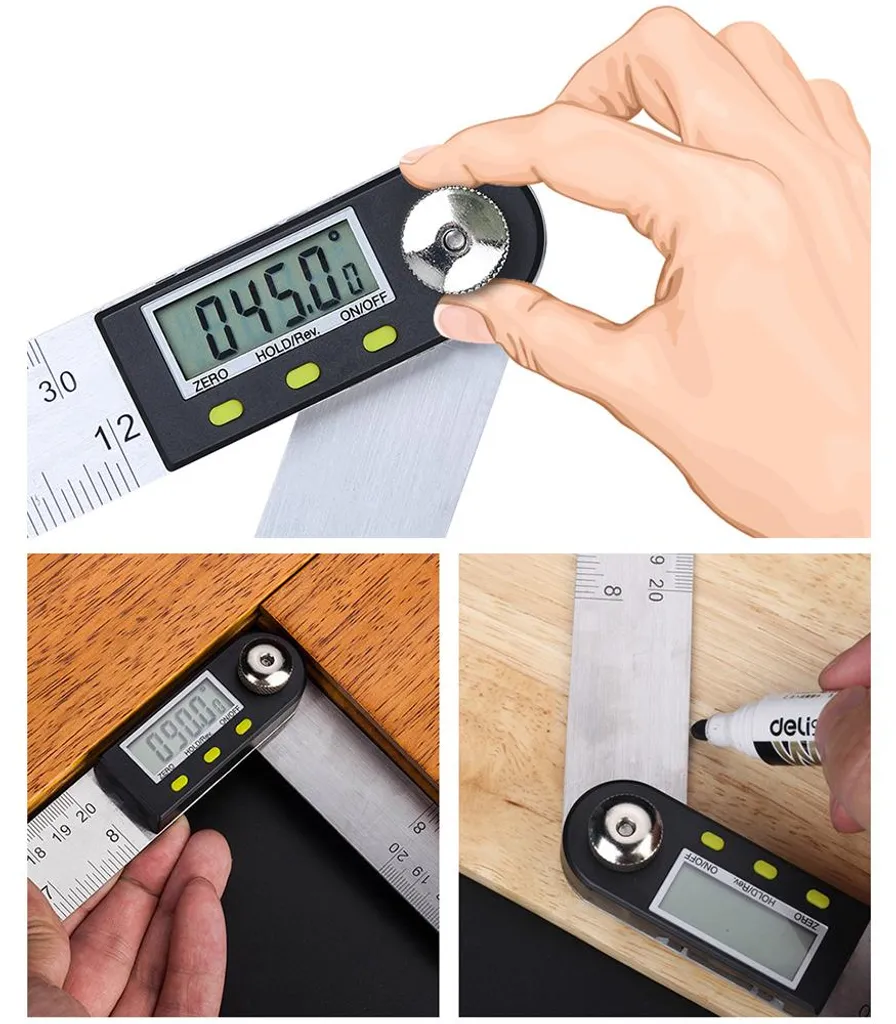 Équerre digitale étanche IP54 inox 360° avec règle 200mm de précision