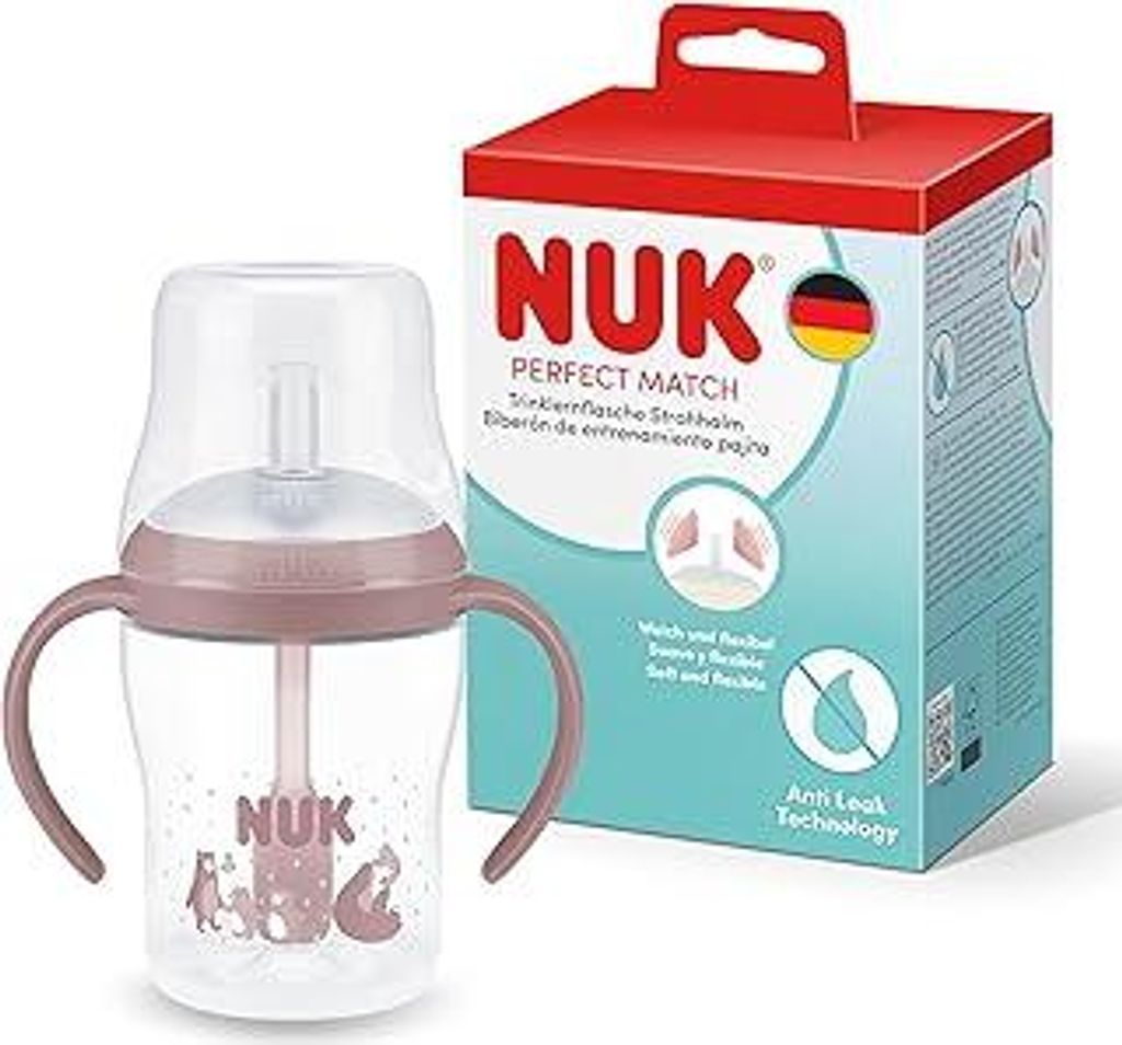 NUK Perfect Match Lern-Trinkflasche mit Strohhalm | 8+ Monate | 150 ml | Auslaufsicherer Baby-Strohhalmbecher | Rutschfeste Griffe | Rosa | 1 Stück