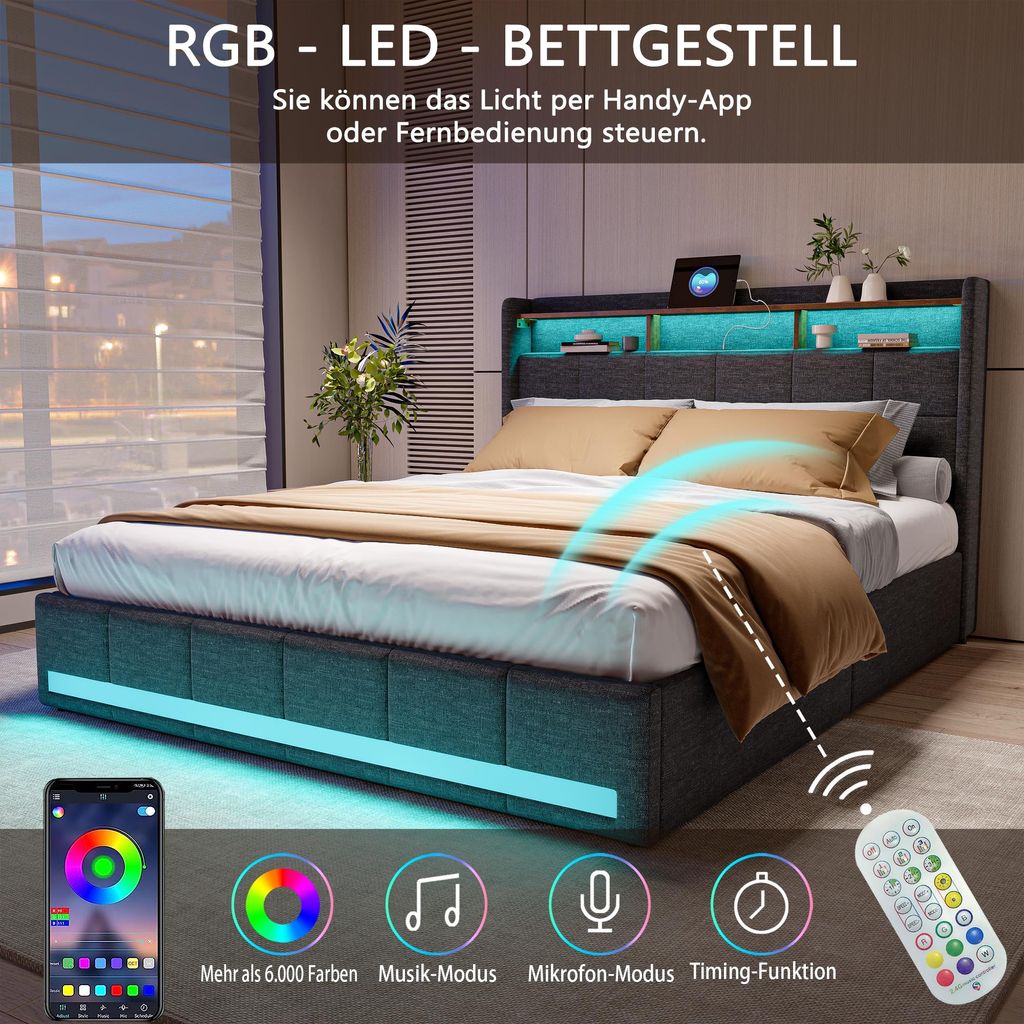 Letto matrimoniale 160x200 imbottito con 4 cassetti - barra LED, schienale regolabile, telaio funzionale, materiale PU Nero (Senza materasso) | Leroy Merlin