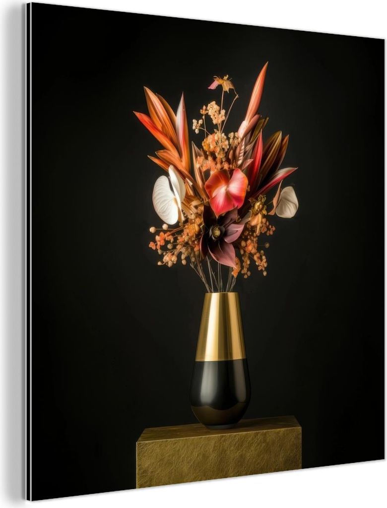 MuchoWow Wanddekoration Metall Metallbild Wandkunst 90x90 cm Exotisch - Blumenstrauß - Vase - Gold MuchoWow Aluminium Gemälde - Dekoration - Indu...