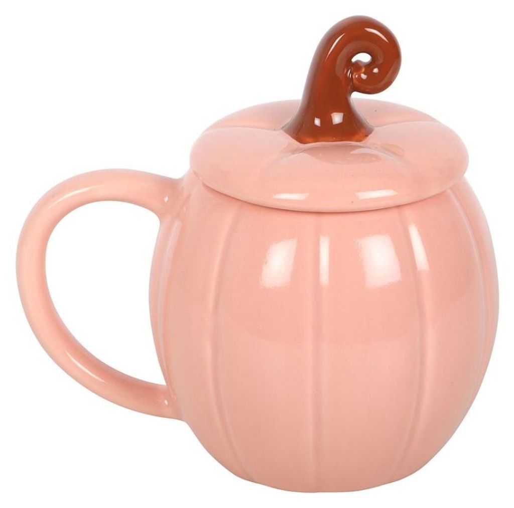 Rosa Kürbis Tasse mit Deckel 14,5cm – Halloween Keramik Becher im Summerween Design – Pumpkin Spice Latte Mug für Halloween Fans & Herbst Deko