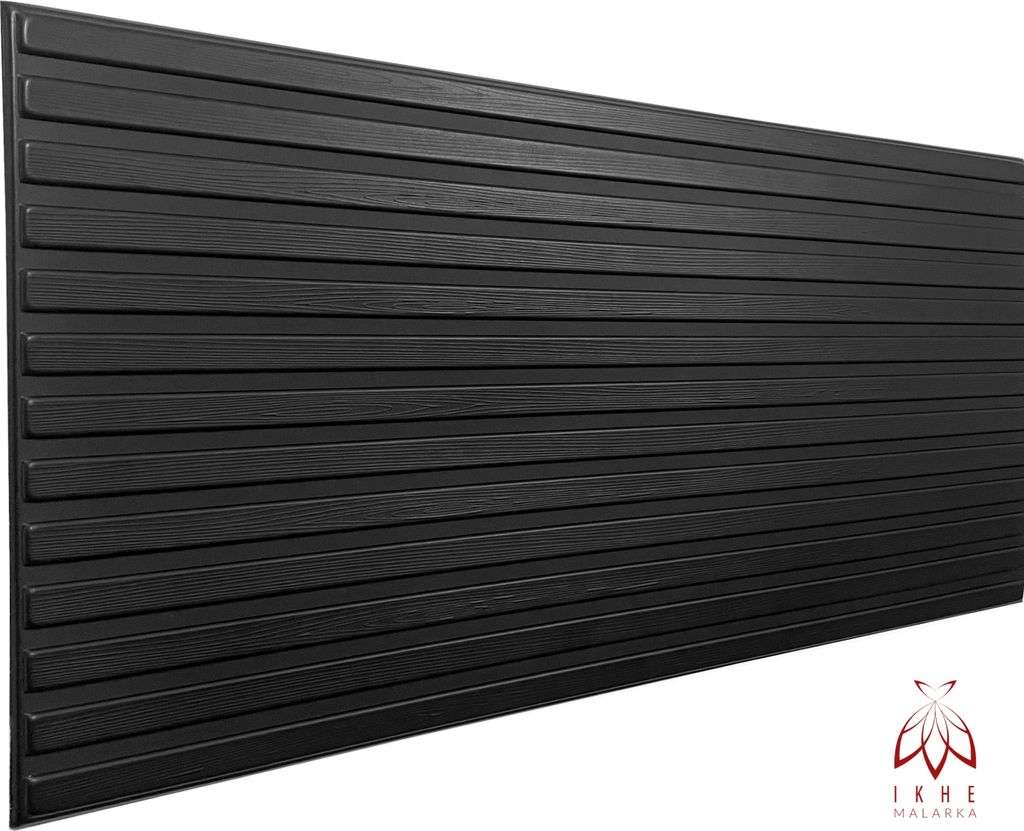 A black textured panel with horizontal lines, presented at an angle against a white background. A small logo is visible in the bottom right corner.