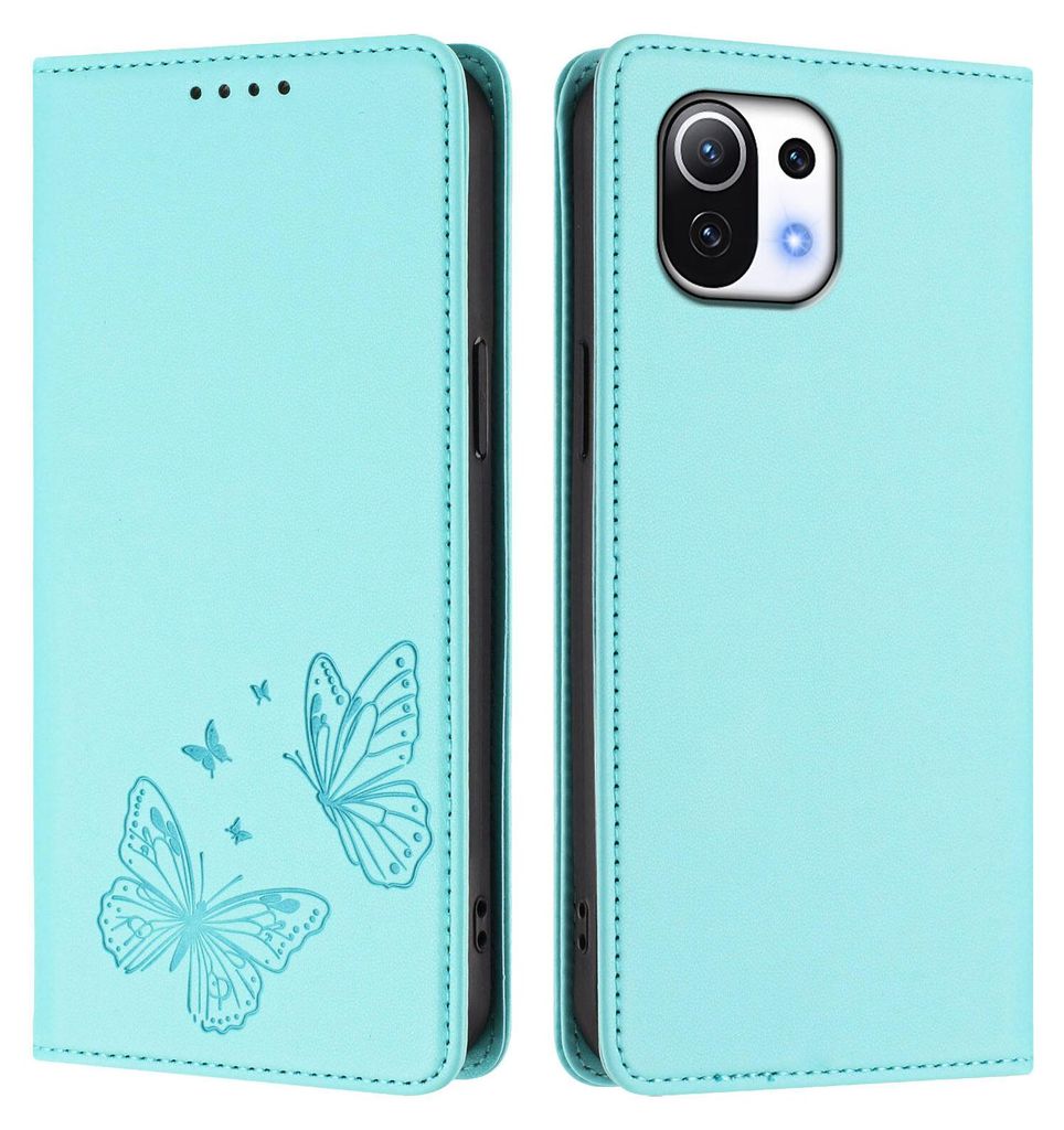Lederhülle für Xiaomi Mi 11 Lite, Schmetterling Prägung Leder Brieftasche Schutzhülle mit Ständer Türkis