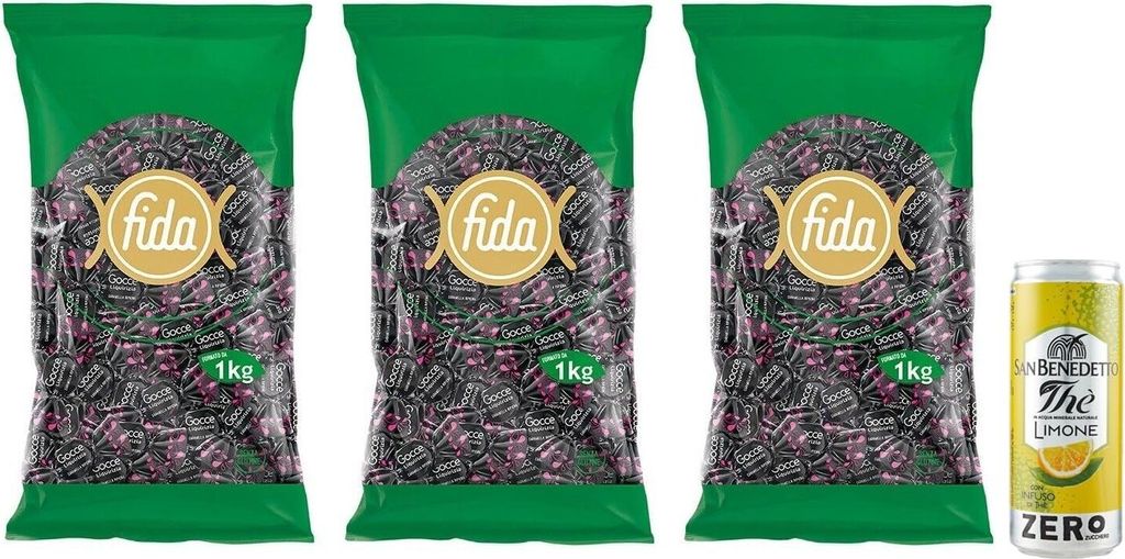 3er-Pack FIDA Rossana Gocce Liquirizia Bonbons mit Lakritze gefüllte 1Kg Beutel + 1er-Pack San Benedetto Eistee mit Zitrone Ohne Zucker 330ml Dose