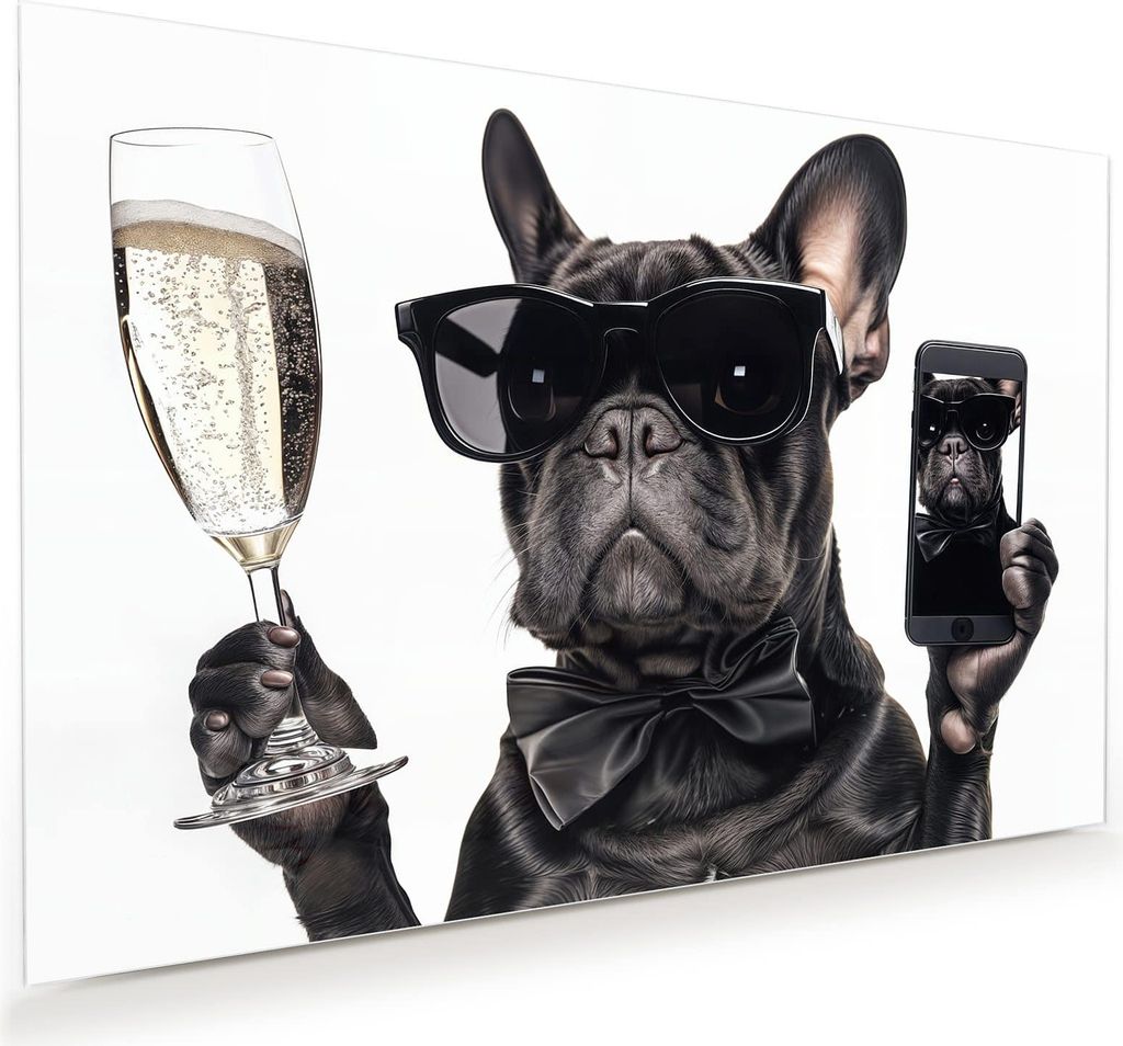 Glasbild 120x80cm in XXL für Wohnzimmer, Schlafzimmer Motiv Sonnenbrillenhund
