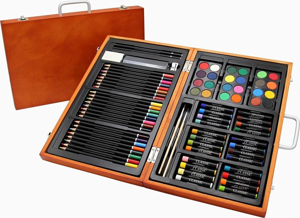 78-teiliges Malerkoffer in tragbare Holzkiste - Buntstifte Aquarellfarbe Ölkreide - Künstlerkoffer Zeichenbox