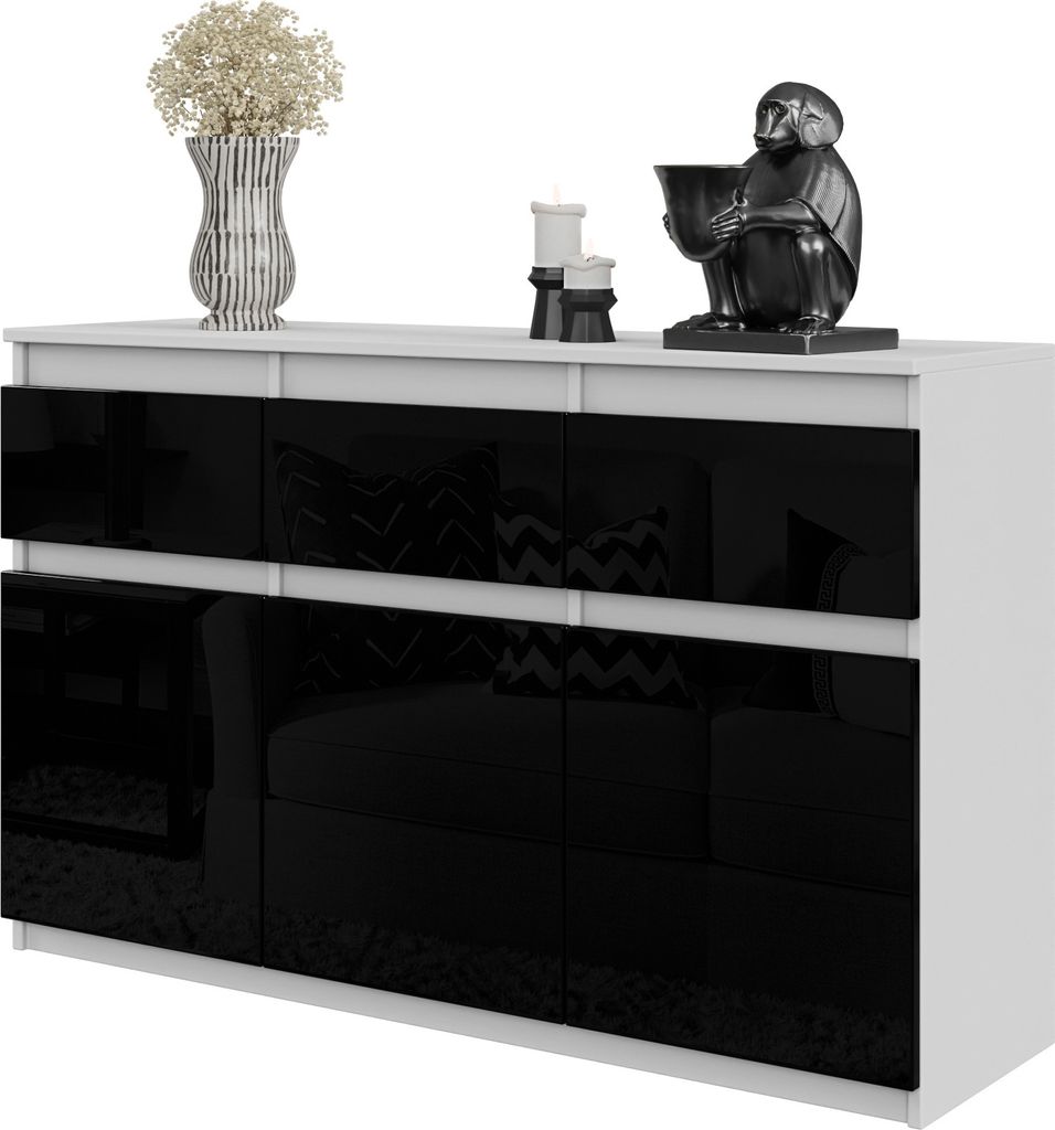 FURNICA - NOAH - Kommode / Sideboard mit 3 Schubladen und 3 Türen - Weiß Matt / Schwarz Gloss H75cm B120cm T35cm
