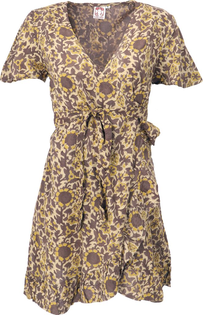 Minikleid Boho Chic, Damen Wickelkleid, Blockprint Sommerkeid - Taupe, Braun, Viskose, Größe: XL