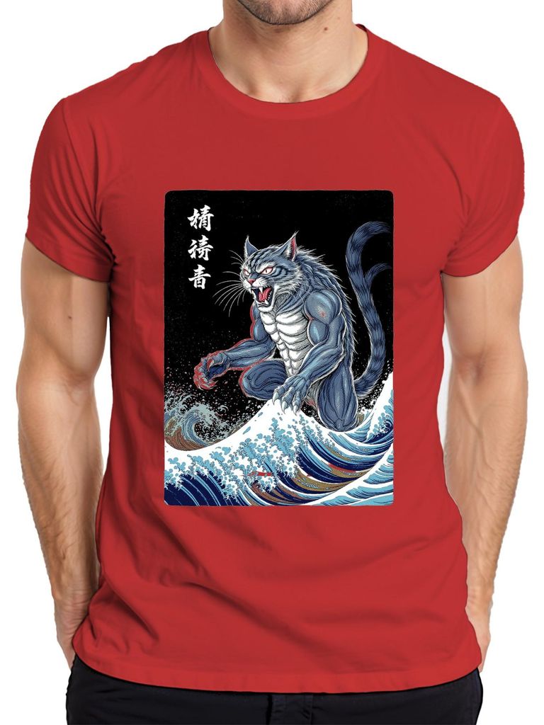 Dämonenkatze Muskelkatze Große Welle Japanisch Ukiyoe Halloween Herren T-Shirt, Rot, M