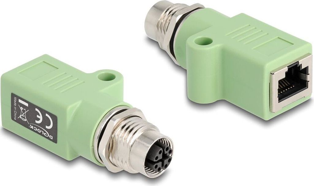 Delock M12 Adapter X-kodiert 8 Pin Buchse zu RJ45 Buchse Cat.5e mit Befestigungsloch gerade grün (60682)