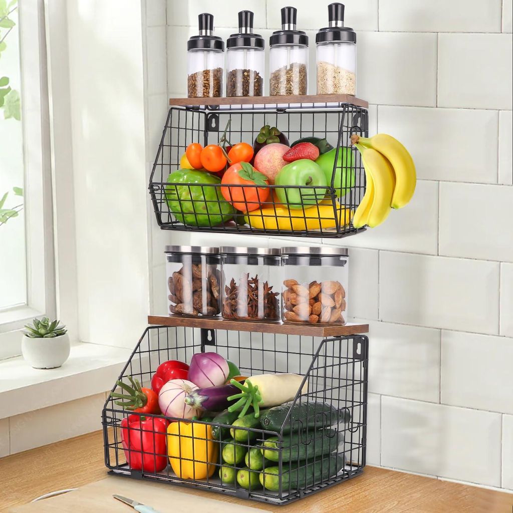 Stapelbare Obstschale und Küchenorganizer mit Holzdeckel und Bananenhaltern