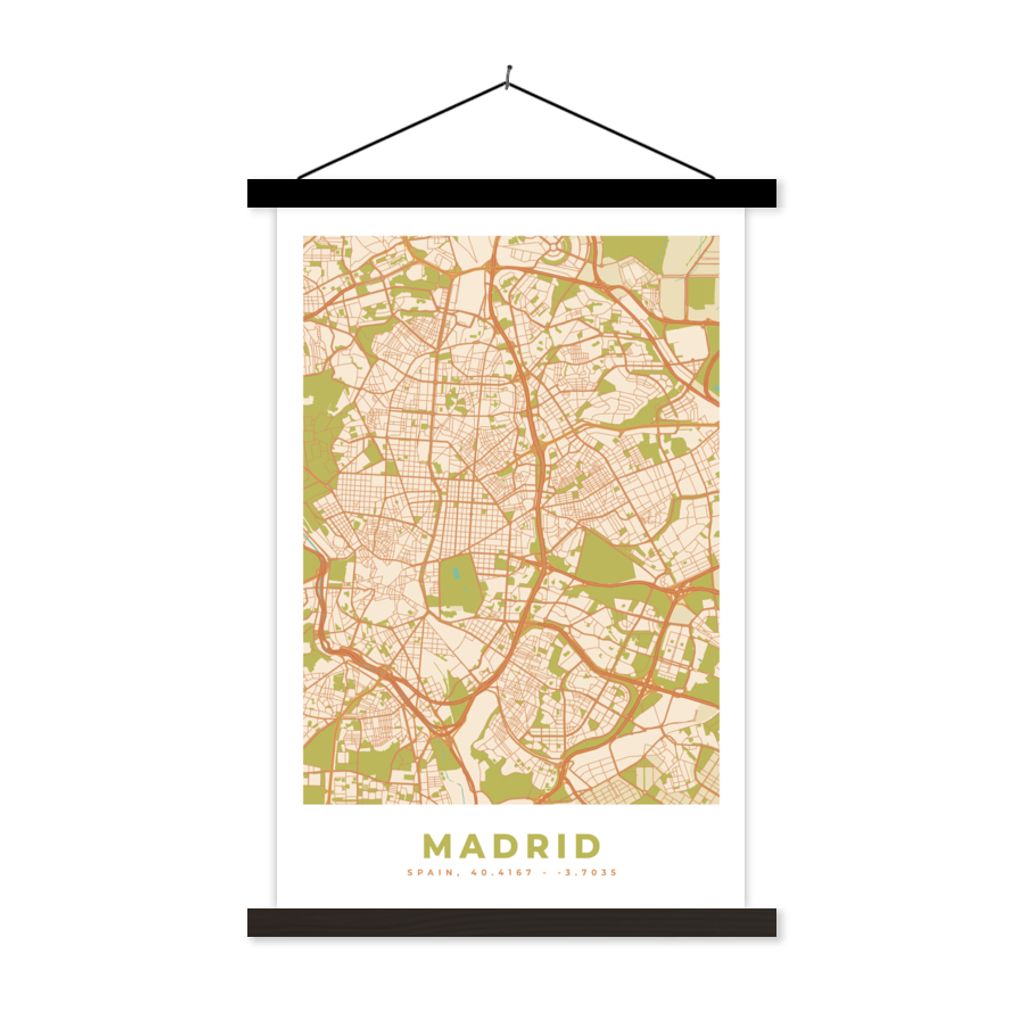 MuchoWow Textilposter Madrid - Vintage - Stadtplan - Karte 60x90 cm mit schwarzem Rahmen - Poster Wohnzimmer