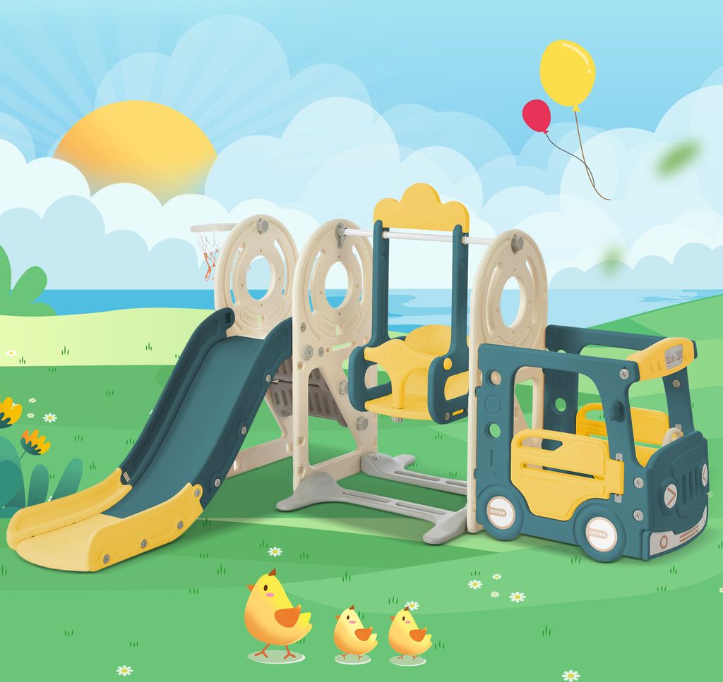 okwish Kinderrutsche 5-in-1-Kinderrutschen-Kombination, inklusive Bus, Schaukel, Rutsche, Leiter, Basketballkorb und passendem Basketball, hergeste...
