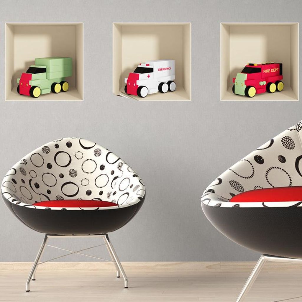 3D-Effekt-Aufkleber mit 3 Spielzeuglastwagen, 30 x 90 cm