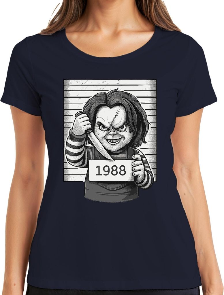 Chucky Mörderpuppe 1988 Horror Polizeifoto Killer Puppe Cult Damen T-Shirt, Navy, XL