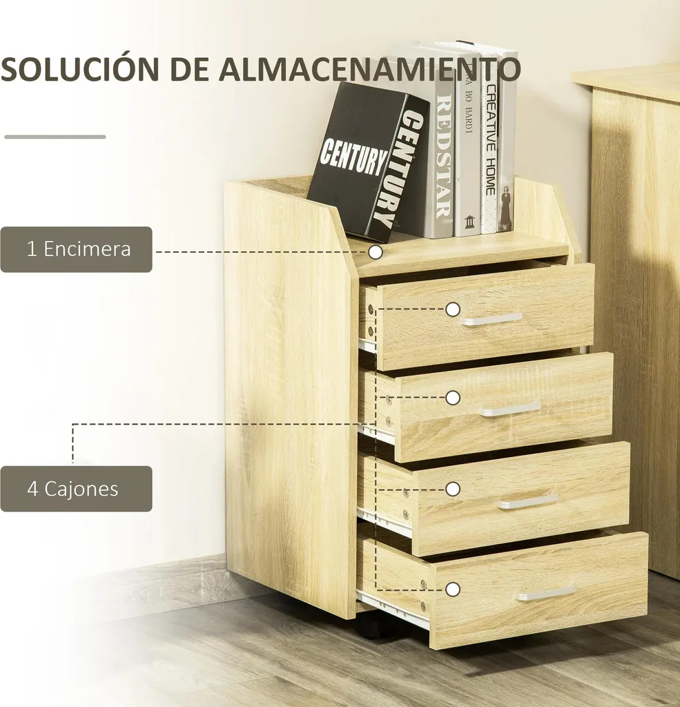 Caisson de rangement mobile pour télétravail 4 tiroirs bois 40 cm large