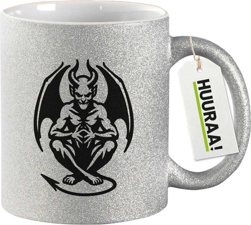 Huuraa Glitzertasse Dämon Fabelwesen 330ml Silber Keramik Kaffeebecher Geschenkidee
