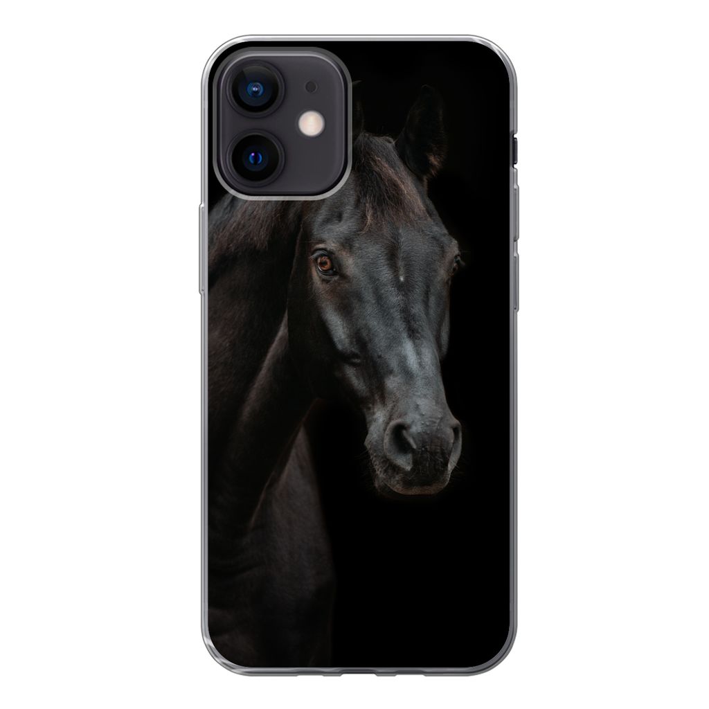 MuchoWow Handyhülle Schutzhülle Hülle für iPhone 12 Pferd - Nutztier - Schwarz Silikon Softcase Handy Hülle - Schutzhülle