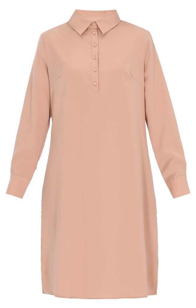 Damen Kleid Beige mit langen Ärmeln, Midi-Schnitt und Kragen Größe S