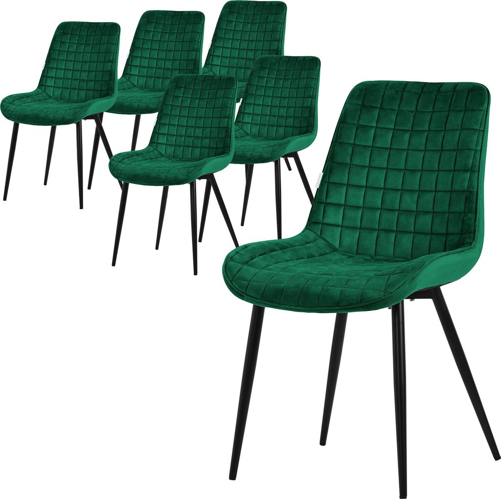 A set of six dark green velvet dining chairs with black metal legs are arranged on a white background. One chair is in the foreground, angled towards the viewer, while the other five are positioned behind it in a staggered formation.