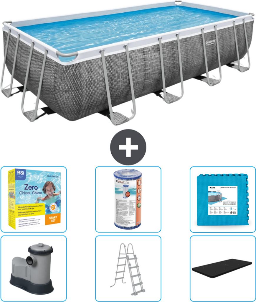 Bestway rechteckiges Power Steel-Schwimmbecken – Rattan-Druck – 549 x 274 x 122 – inklusive Pumpe – Leiter – Abdeckung Wartungspaket - Fi...