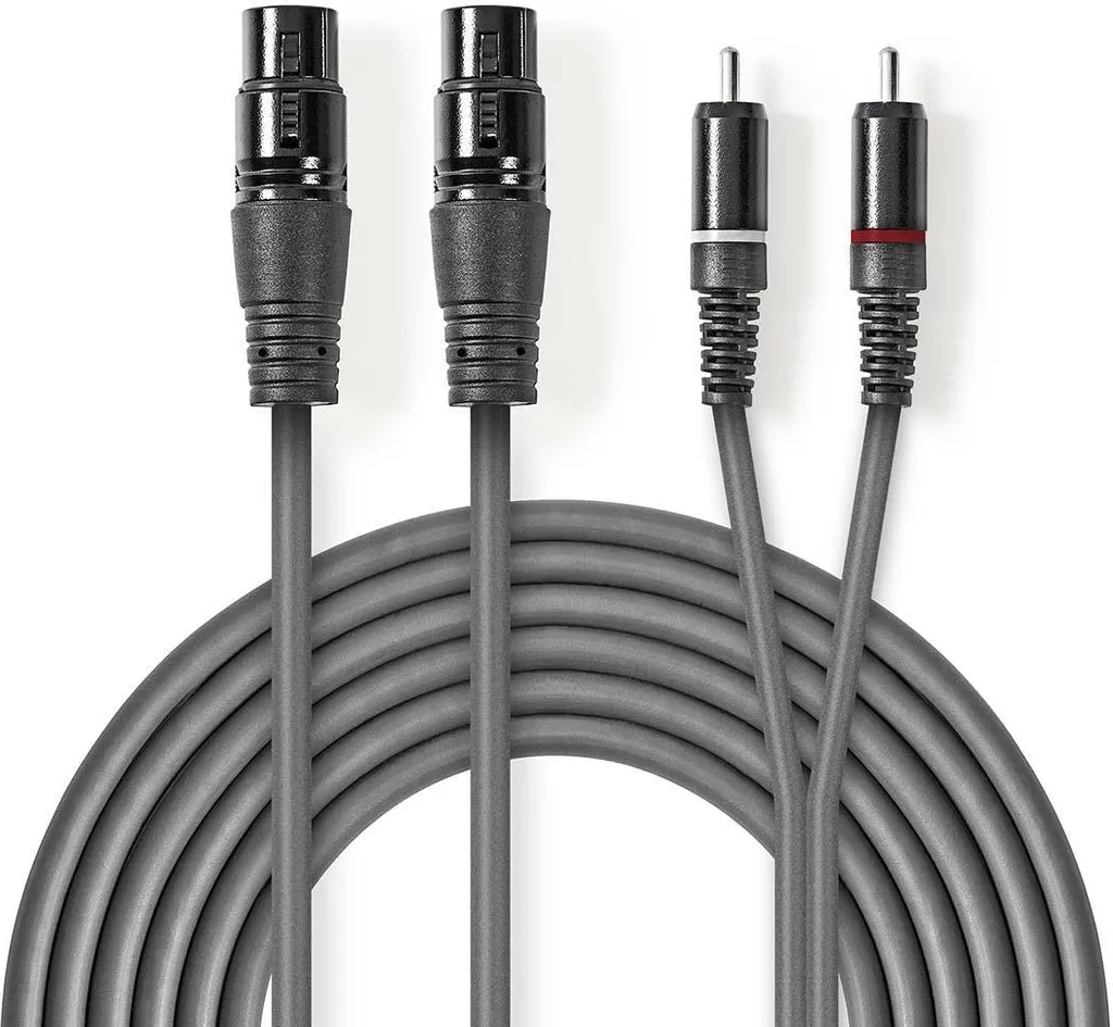 Cavo audio bilanciato | 2x XLR 3-Pin Femmina | 2x RCA Maschio | Nichelato | 1,50 m | Rotondo | PVC | Grigio scuro | Custodia in cartone