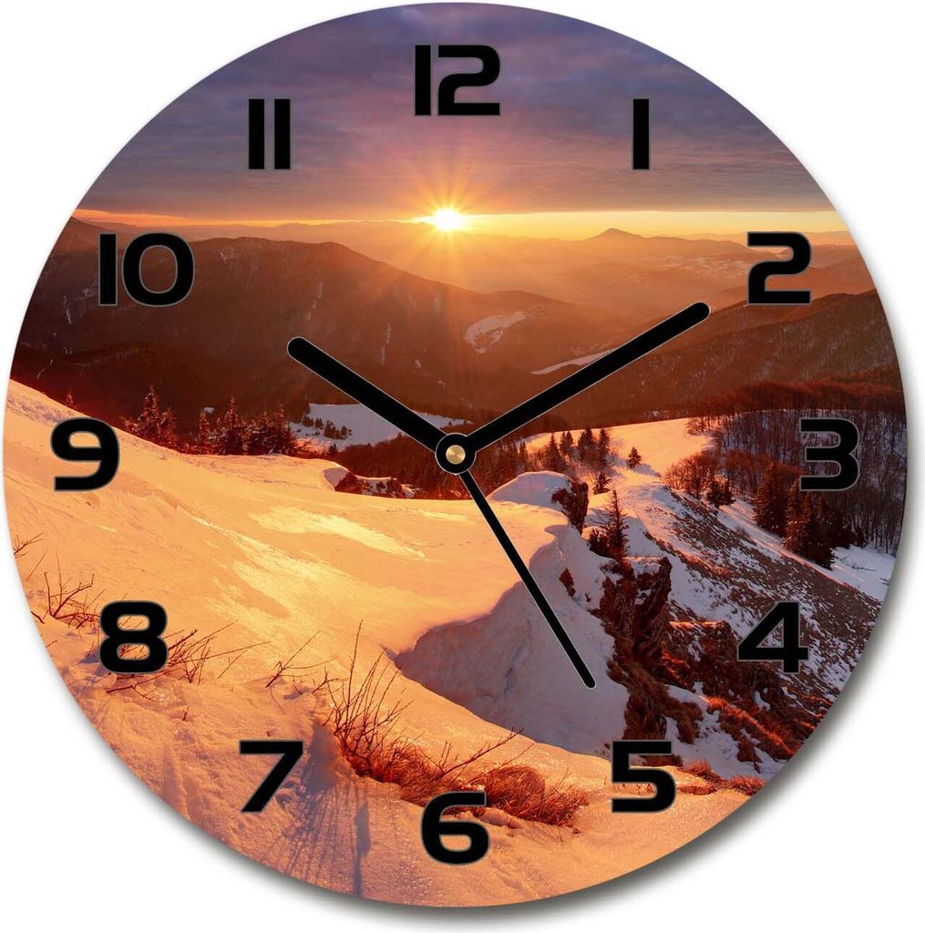 Wanduhr aus Glas 30fi Glasbild Glasuhr Gehärtetes Glas - schwarze-zeiger - Winter in the mountains