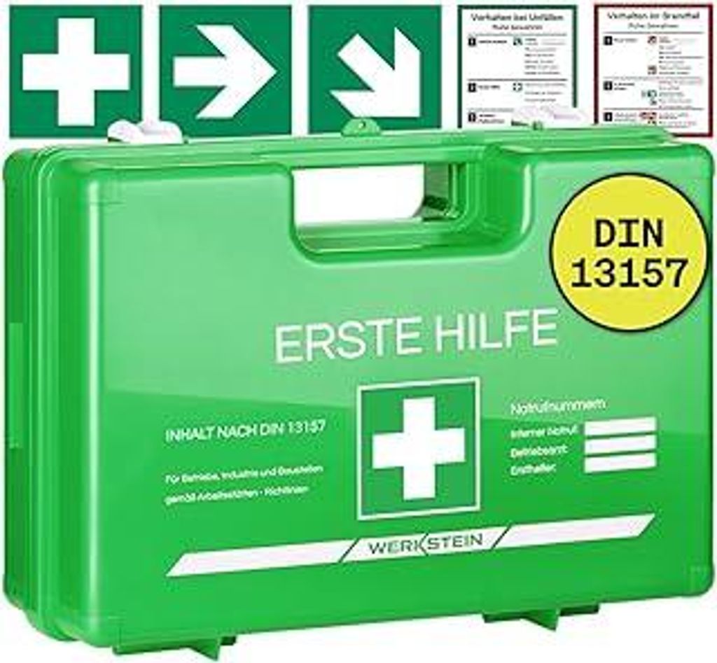 Verbandskasten Betrieb mit Inhalt nach DIN 13157 I Erste Hilfe Kasten inkl. praktischer Wandhalterung, 5x Aufkleber & Plombe I Erste Hilfe Koffer f...