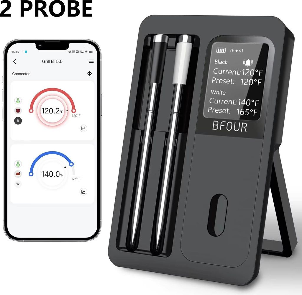 AIORBER Kabelloses Bluetooth Fleischthermometer mit 2 Sonden App Steuerung LCD Display IP67 wasserdicht Schwarz