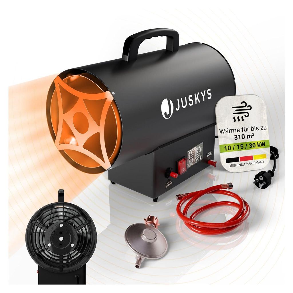 A black Juskys gas heater with accessories, including a regulator and hose, is displayed on a light gray and white background. An informational label is attached to the heater.