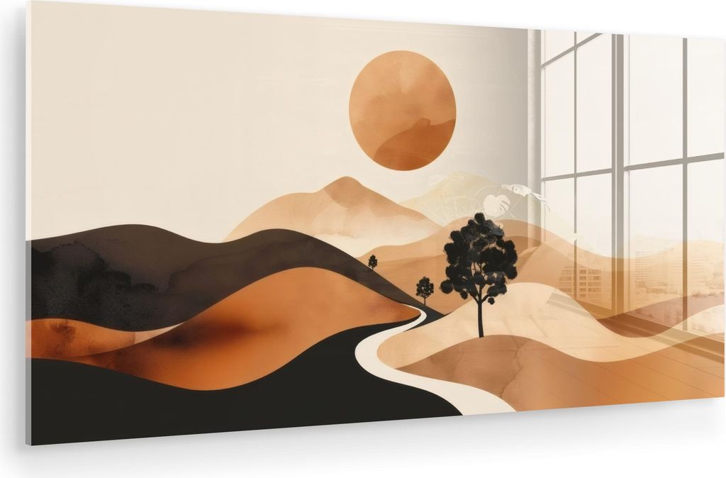 MuchoWow Glasbilder - Bilder auf Wandbild - Foto auf Glas Sonne - Hügel - Baum - Abstrakt 40x20 cm Wanddekoration aus Glas - Acrylglasbild - Acryl...