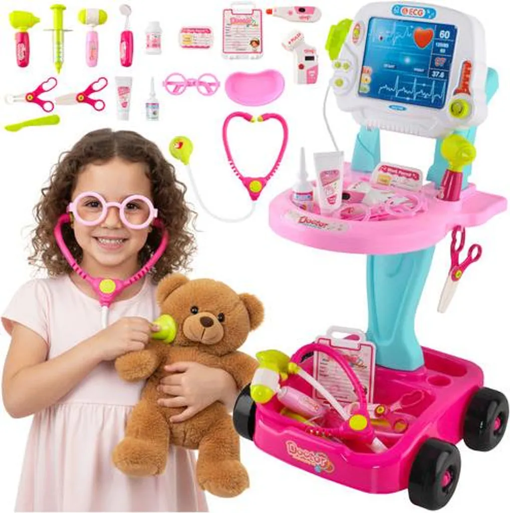 Coffret de docteur pour enfants avec poussette médicale - 18 pièces