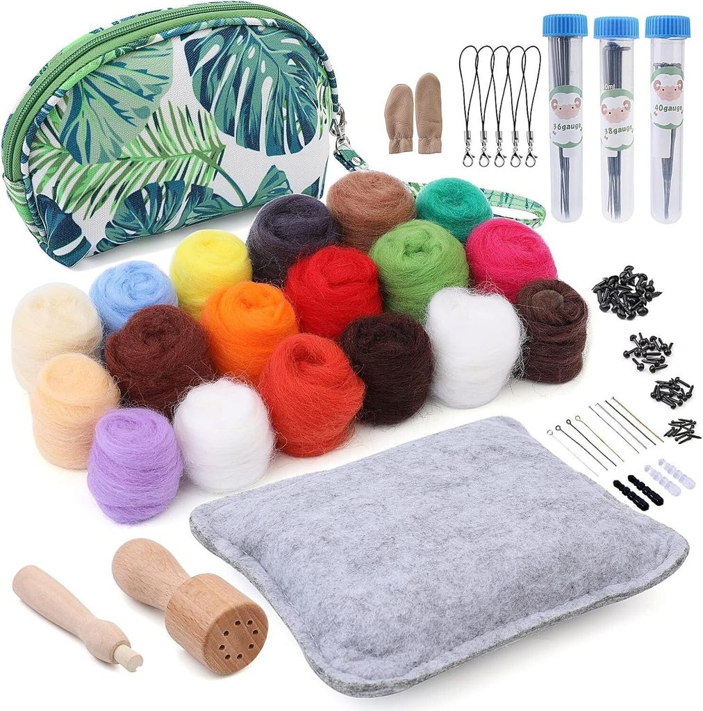Filzwolle Set, 18 Farben Filzwolle Roving, Filzen Starterset Mit Wolle Malerei Kit Nadel Filzen Werkzeuge und Tragbarer Aufbewahrungstasche DIY Fil...