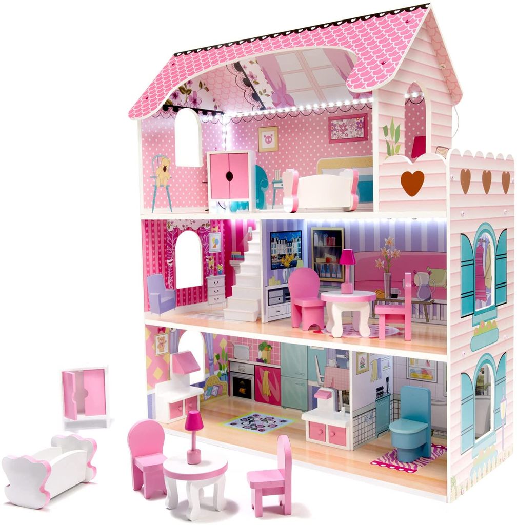 Puppenhaus inklusive Möbel und Puppen Zubehör Spielware Spielzeug Holz 