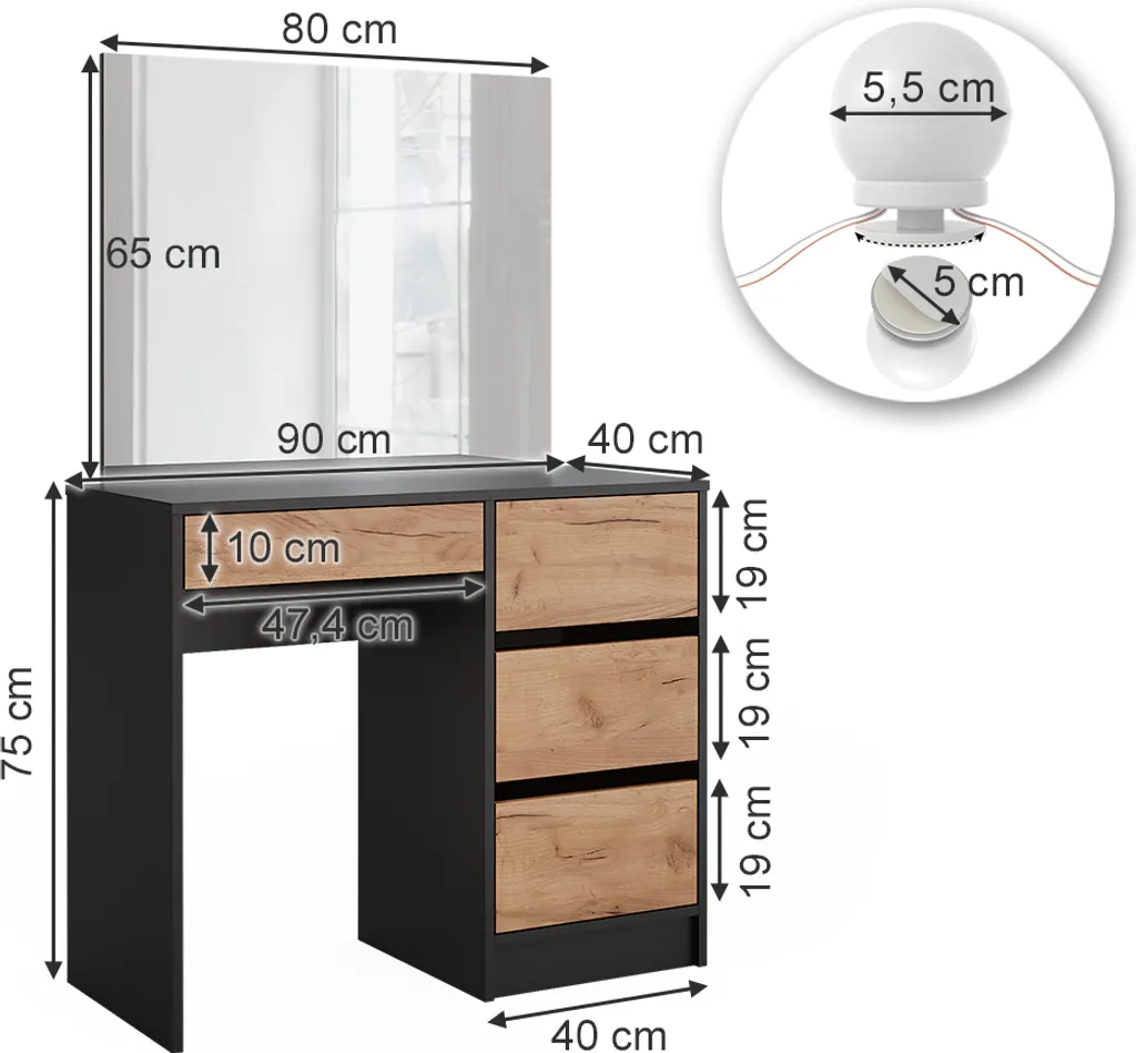 Table de Maquillage Anthracite avec Miroir et LED Vicco Sherry 90cm